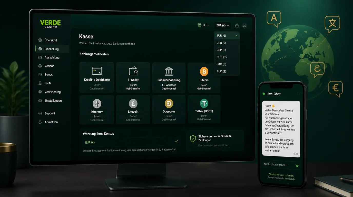 Casino-Kassenbereich mit Euro-Auswahl, E-Wallets, Karten, Kryptowährungen und aktivem Live-Chat