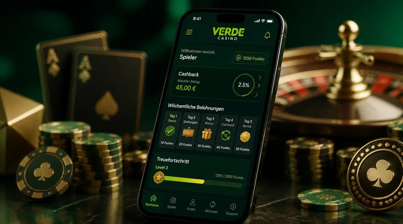 Casino-Bonusbereich mit wöchentlichen Aktionen, Cashback und Treuepunkten auf einem Smartphone