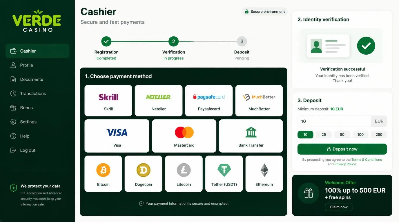 Casino-Kassenbereich mit Auswahl von E-Wallets, Karten, Kryptowährungen und Banküberweisung