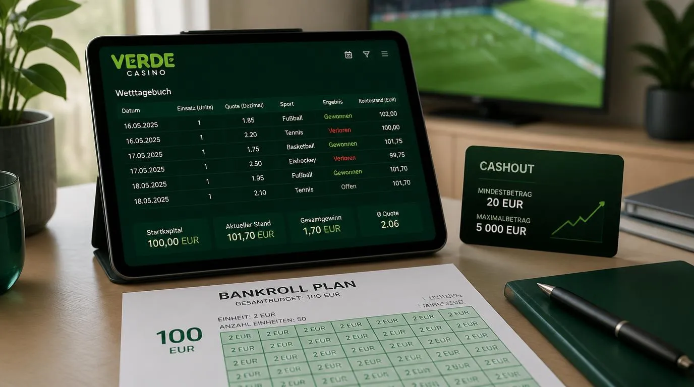 Sportwetten Budgetplan mit Einsatzgrößen, Quotenanalyse und dokumentierten Einzelwetten auf einem Tablet