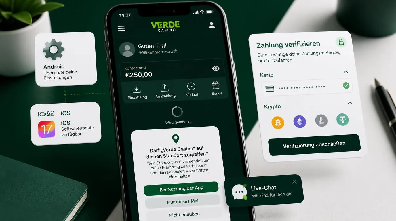 Smartphone mit Casino-App, Ladeanzeige, WLAN-Symbol und geöffnetem Live-Chat für mobile Hilfe
