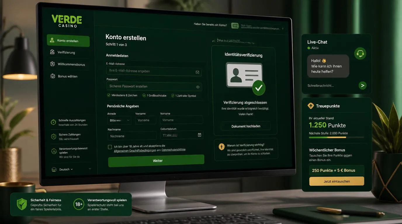 Registrierungsmaske eines Online-Casinos mit Kontodaten, Identitätsprüfung und aktivem Live-Chat