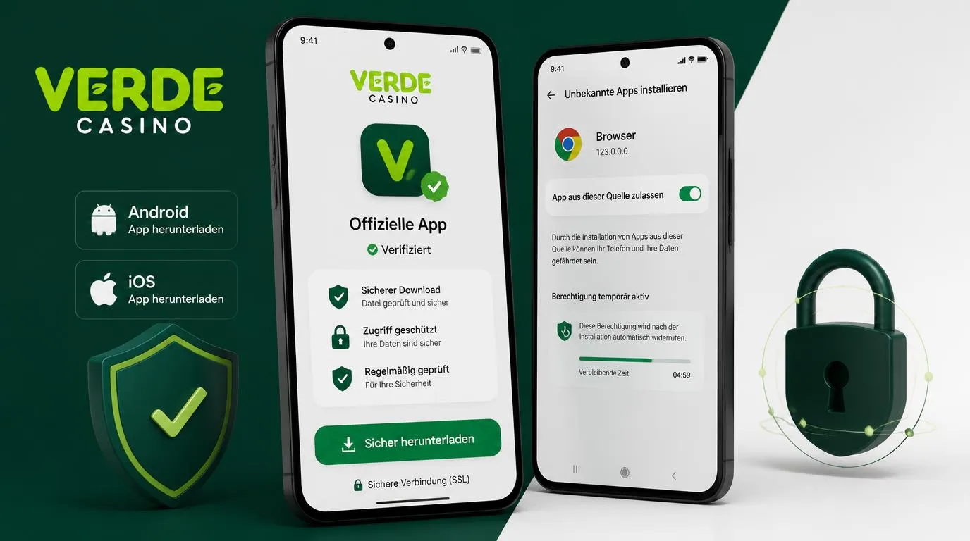 Smartphone mit offizieller App-Downloadseite, Sicherheitsprüfung und Android-Berechtigungseinstellung