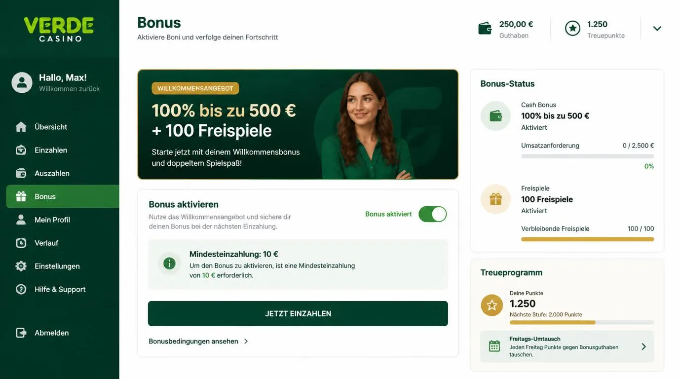 Bonusübersicht im Casinokonto mit aktivierter Willkommensaktion, Mindesteinzahlung und Freispielen