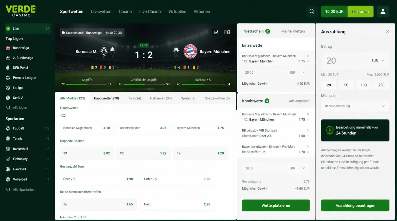 Sportwetten-Oberfläche mit Live-Quoten, Einzelwette und Kombiwettschein auf einem Bildschirm