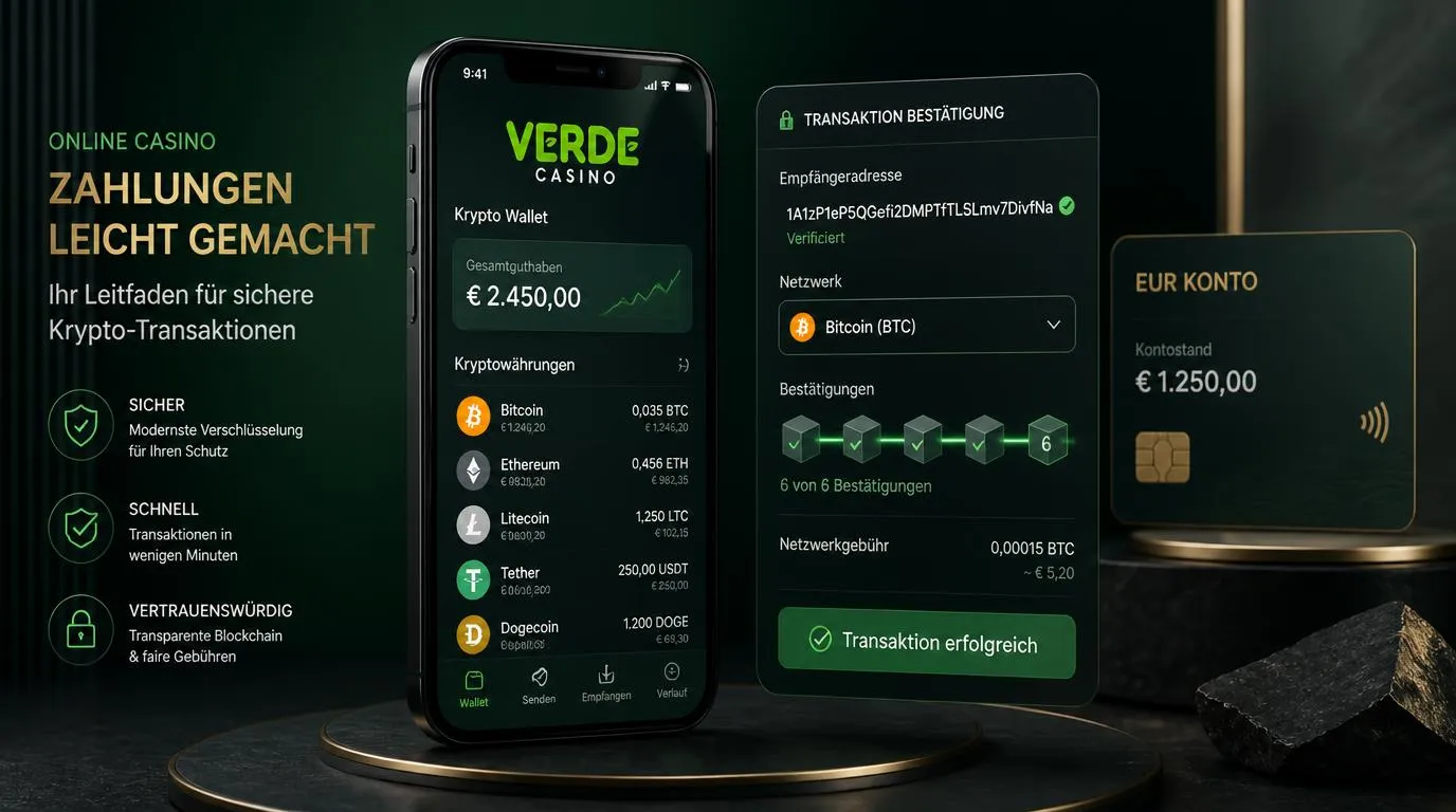 Krypto-Wallet mit Bitcoin, Ethereum und Sicherheitsprüfung für Casino-Einzahlungen
