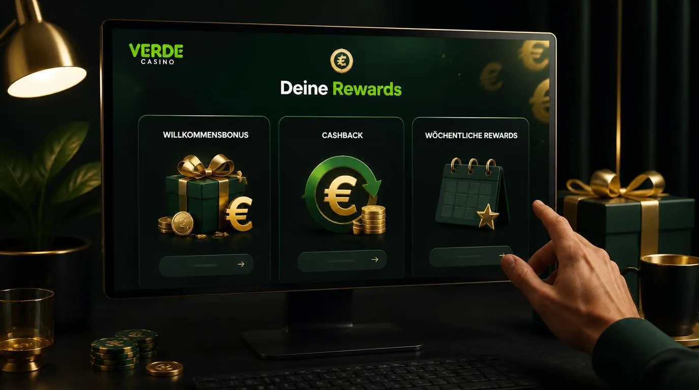 Casino-Bonusübersicht mit Willkommensangebot, Cashback und wöchentlichen Belohnungen auf einem Bildschirm